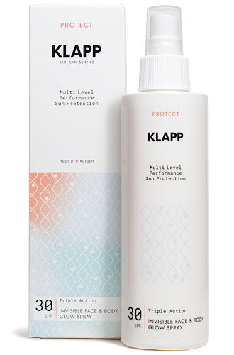 Солнцезащитный спрей тройного действия с эффектом сияния Klapp Sun Protection Invisible Face & Body Glow Spray SPF 30